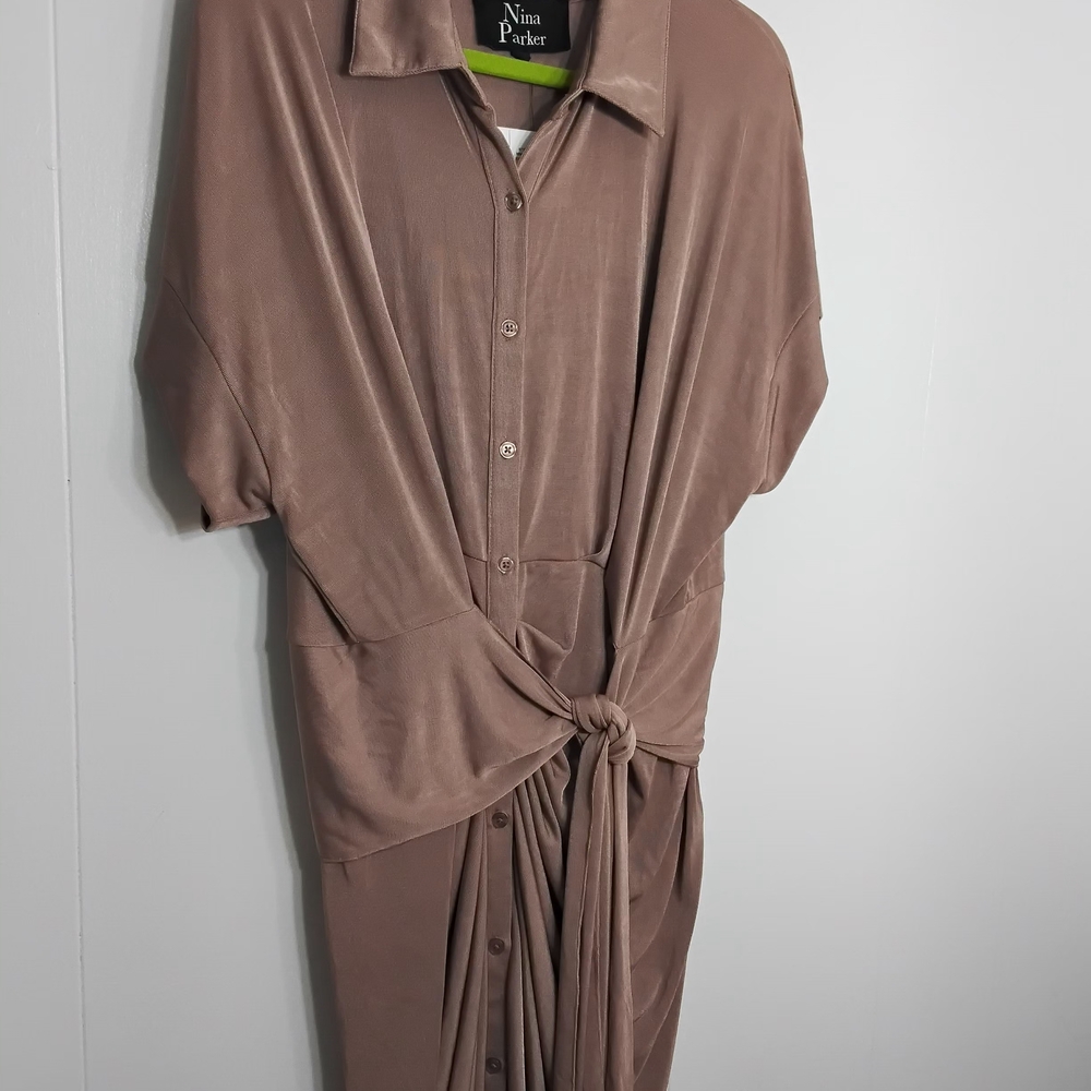 Nina Parker Taupe Midi Shirt Dress with Front Knot